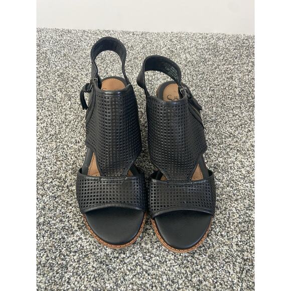 Sofft Sandals Womens 6.5 M Black Slip On Leather Casual Sara Peep Toe Block Heel - Picture 1 of 6